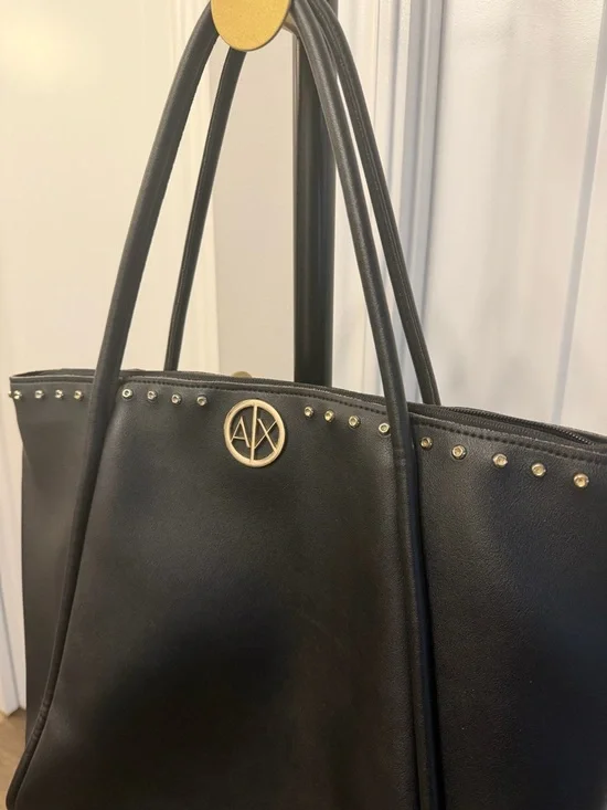 A|X Armani Exchange Black Studded Tote Bag Zip Top Large Shoulder Bag - Picture 4 of 9